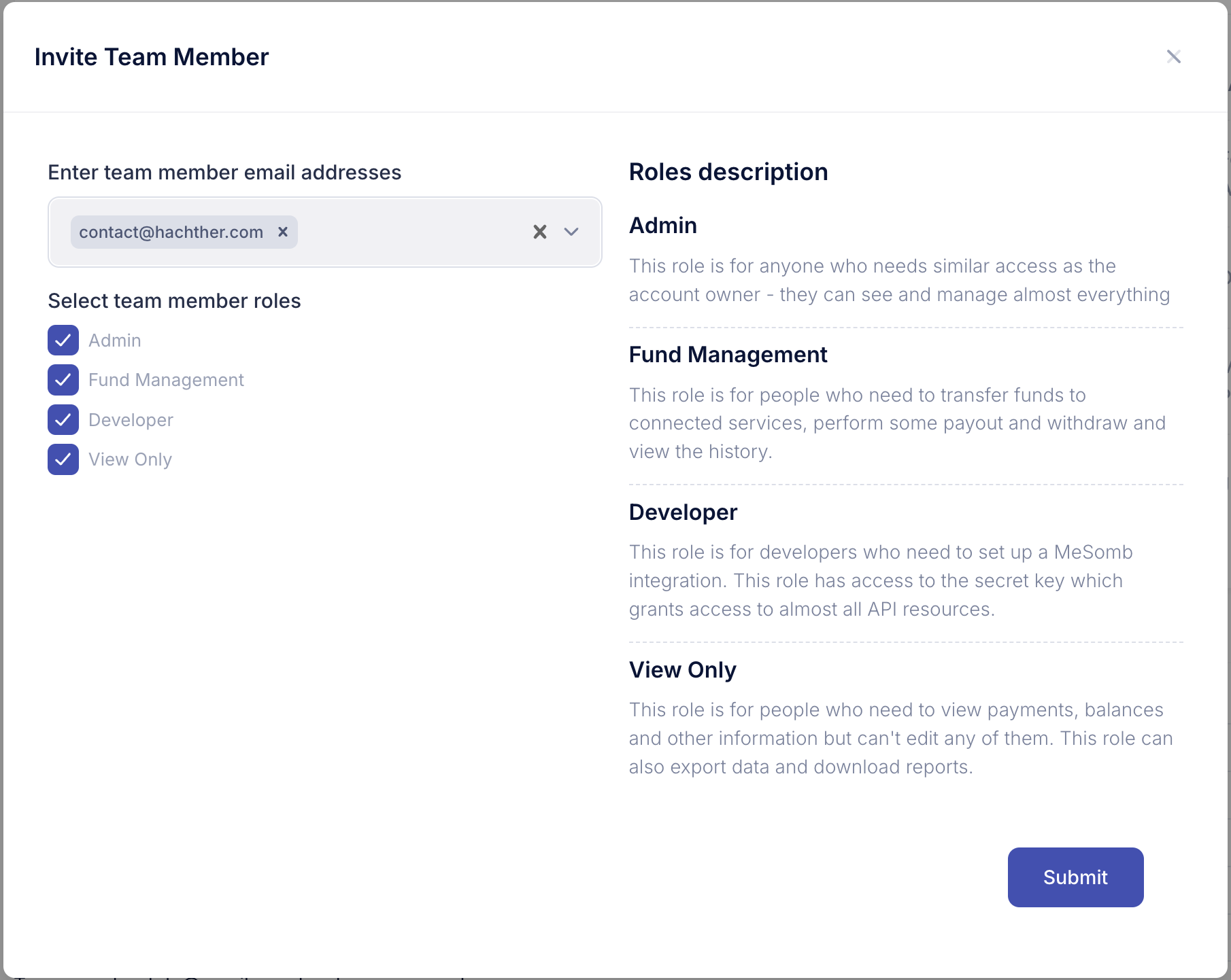 Invite team member to access to your MeSomb service